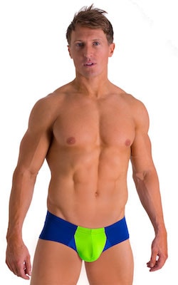Pouch Enhanced Micro Square Cut Swim Trunks in ThinSKINZ Neon Lime and Royal Blue, Front View