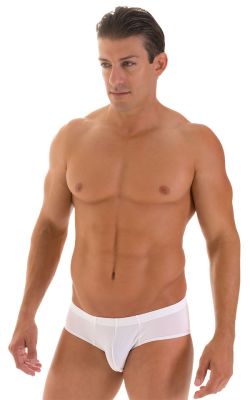 Pouch Brief Swimsuit in White Powernet and Super ThinSKINZ White, Front View
