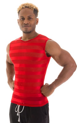 Sleeveless Lycra Muscle Tee in Red Satin Stripe Mesh, Front View