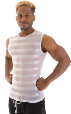 Sleeveless Lycra Muscle Tee in White Satin Stripe Mesh, Front View