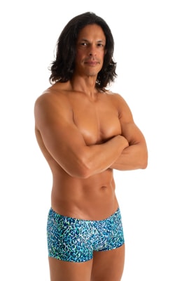 mens swimwear extreme low square cut swimsuit boxer trunks by skinz swimwear in Liquid Leopard