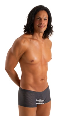 mens swimwear extreme low square cut swimsuit boxer trunks by skinz swimwear in Semi Sheer Shadow Peep Show