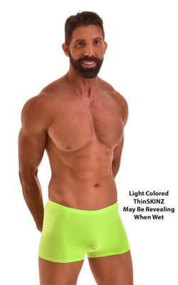 Mens square Cut Seamless Swim Trunks in ThinSKINZ Neon Lime, Front View
