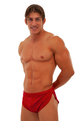 mens sexy swimsuit bikini cover up split shorts in Ruby Red