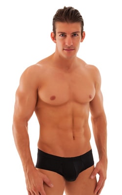 Pouch Enhanced Micro Square Cut Swim Trunks in Black, Front View