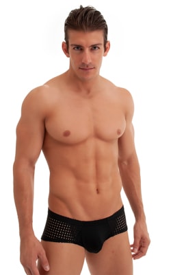 Pouch Enhanced Micro Square Cut Swim Trunks in Black and Black Peep Show, Front View