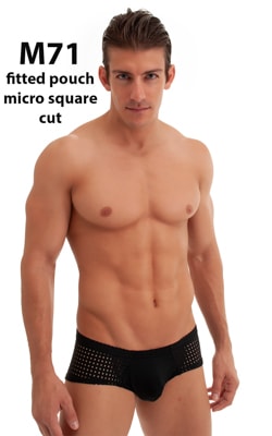 Pouch Enhanced Micro Square Cut Swim Trunks in Black and Semi Sheer Black Peep Show 1