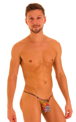 Stuffit Pouch G String Swimsuit in Semi Sheer Neon Dali Mesh, Front View