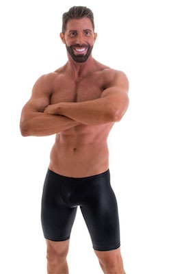 Fitted Pouch Lycra Shorts in Wet Look Black, Front View
