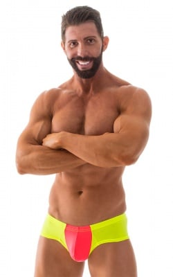 Pouch Enhanced Micro Square Cut Swim Trunks in ThinSKINZ Coral and Chartreuse, Front View