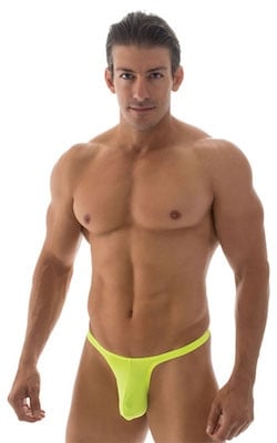 T Back Thong Swimsuit - Bravura Pouch in ThinSKINZ Chartreuse, Front View