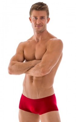 Extreme Low Square Cut Swim Trunks in Semi Sheer ThinSkinz Red, Front View