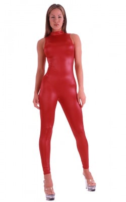 Catsuit-Bodysuit-Keyhole-Halter-Tank in Wet Look Red, Front View