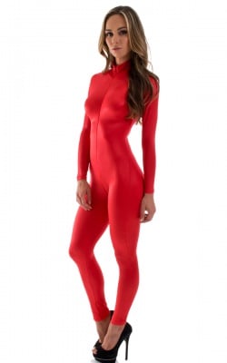 Front Zipper Catsuit-Bodysuit in Wet Look Red, Front View