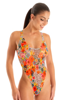 Womens One Piece Thong Swimsuit in Semi Sheer Hibiscus printed stretch mesh 1
