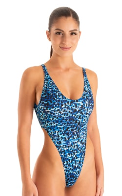 Womens One Piece Thong Swimsuit in Blue Leopard 1