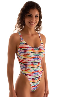 Baywatch One Piece Swimsuit in Semi Sheer Super ThinSKINZ Watercolor Waves, Front View