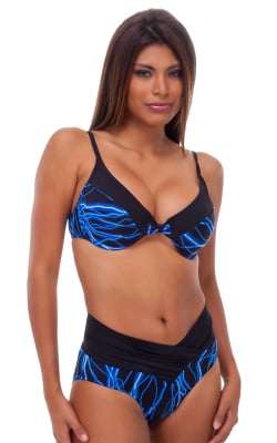 Womens Full Cup Underwire Swimsuit Top in Laser Blue Lightning and Black, Front View