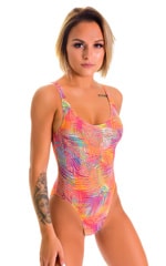 baywatch womens one piece swimsuit high cut skinz swimwear in Tan Through Orange Jungle