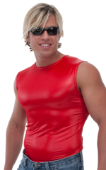 Sleeveless Lycra Muscle Tee in Wet Look Red, Front View