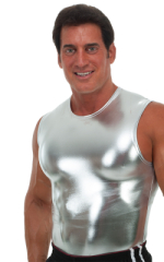 Sleeveless Lycra Muscle Tee in Metallic Liquid Silver, Front View