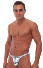 Male Review Stripper Swim Thong in Liquid Silver, Front View