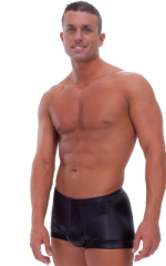 Fitted Pouch - Square Cut - Watersports Swim Trunks in Wet Look Black, Front View