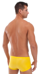 Square Cut 4 Panel Fitted Swim Trunks in Neon Orange and Sunshine Yellow, Rear View