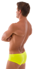 Pouch Enhanced Micro Square Cut Swim Trunks in Lime and Chartreuse, Rear View