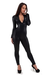 Front Zipper Catsuit-Bodysuit in Wet Look Black Tricot/nylon/lycra, Front View