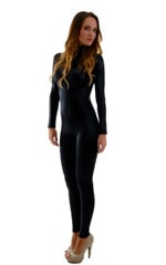 Front Zipper Catsuit-Bodysuit for Women in Wet Look Black, Front View