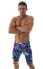 Swim-Dive Competition Watersports Shorts in American Flag Collage, Front View