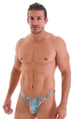 T Back Thong Swimsuit in ThinSkinz Aqua Python, Front View