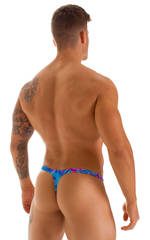 T Back Thong Swimsuit - Bravura Pouch in Tahitian Magenta Aqua, Rear View