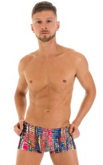 Square Cut Seamless Swim Trunks in Tan Through Frequency, Front View