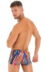 Square Cut Seamless Swim Trunks in Tan Through Frequency, Rear View