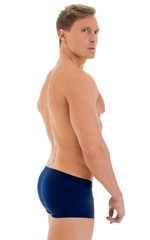 Extreme Low Square Cut Swim Trunks in Navy Blue, Rear View