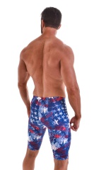 Lycra Bike Length Shorts in American Flag Collage, Rear View