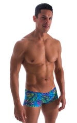 Extreme Low Square Cut Swim Trunks in Tan Through Neon Ferns, Front Alternative
