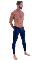Mens SUPER Low Leggings Tights in Wet Look Navy Blue, Front View