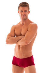 mens swimwear low waist square cut boxer style swimsuit in Ruby Red