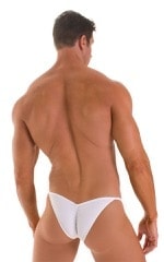 mens micro bikini swimsuit with tiny puckered butt in sheer White Powernet