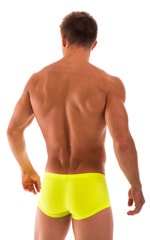 Extreme Low Square Cut Swim Trunks in Semi Sheer ThinSkinz Chartreuse, Rear View