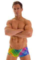 mens swimwear square cut boxer style swimsuit in ThinSKINZ Diagonal Plaid,