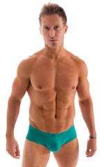 pouch enhanced micro square cut swim trunks in Deep Jade, Front View