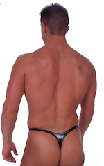 Smooth Pouch - T Back Thong Swimsuit in Gloss Black Stretch Vinyl, Rear View
