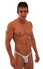 mens micro pouch bikini swimsuit with tiny puckered butt in sheer White Peep Show