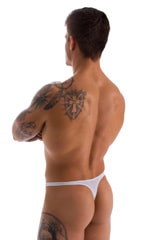 T Back Thong Swimsuit - Bravura Pouch in Super ThinSKINZ White, Rear View