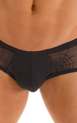 Pouch Enhanced Micro Square Cut Swim Trunks in Super ThinSKINZ Black and Spiderweb Mesh 3