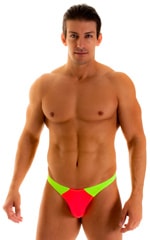 Color Blocked T Back Thong Swimsuit in ThinSKINZ Neon Coral and Lime, Front View